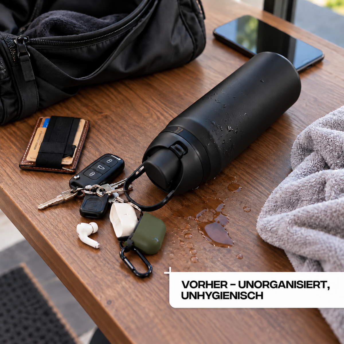 Gym-Trinkflasche in Schwarz mit magnetischer Handyhalterung