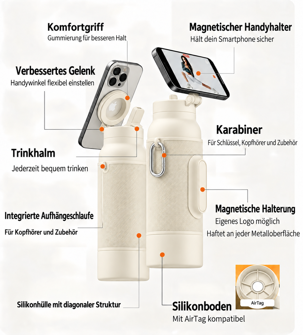 Gym-Flasche mit magnetischer Handyhalterung