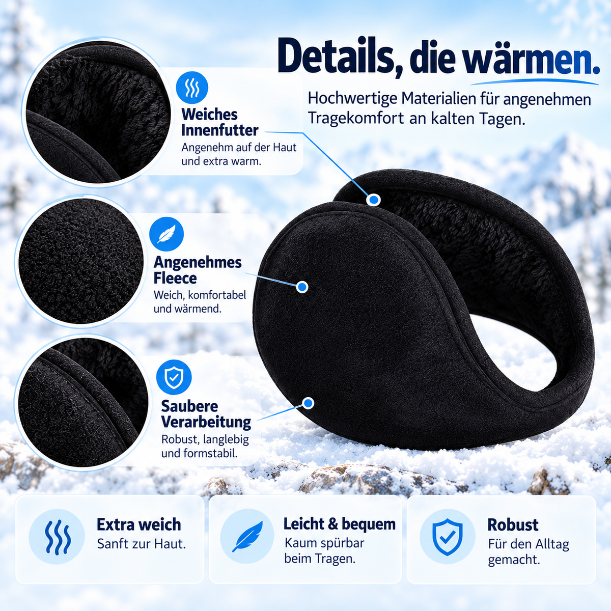 Fleece-Ohrwärmer für den Winter – Damen – Schwarz