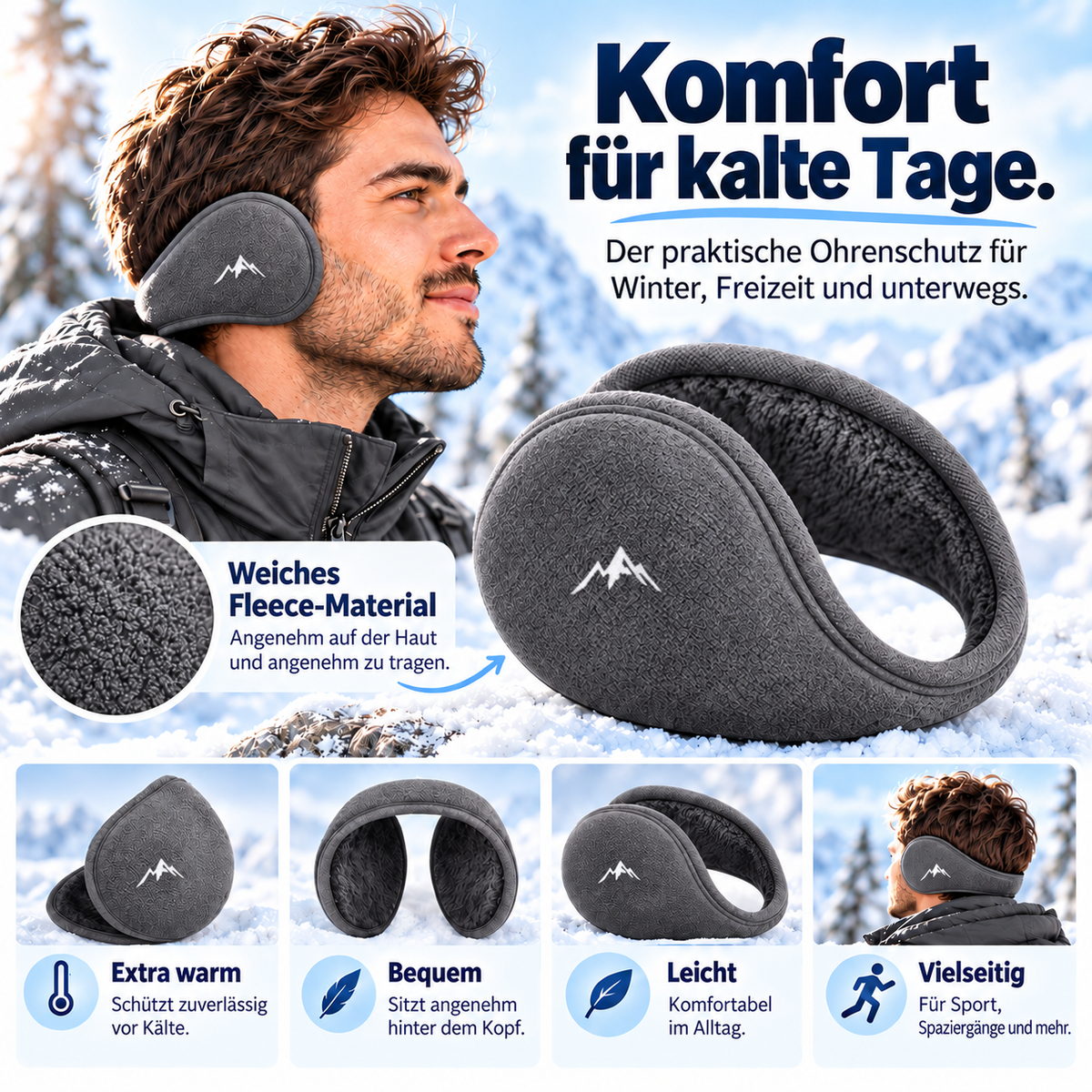 Fleece-Ohrwärmer für den Winter – Unisex – Grau