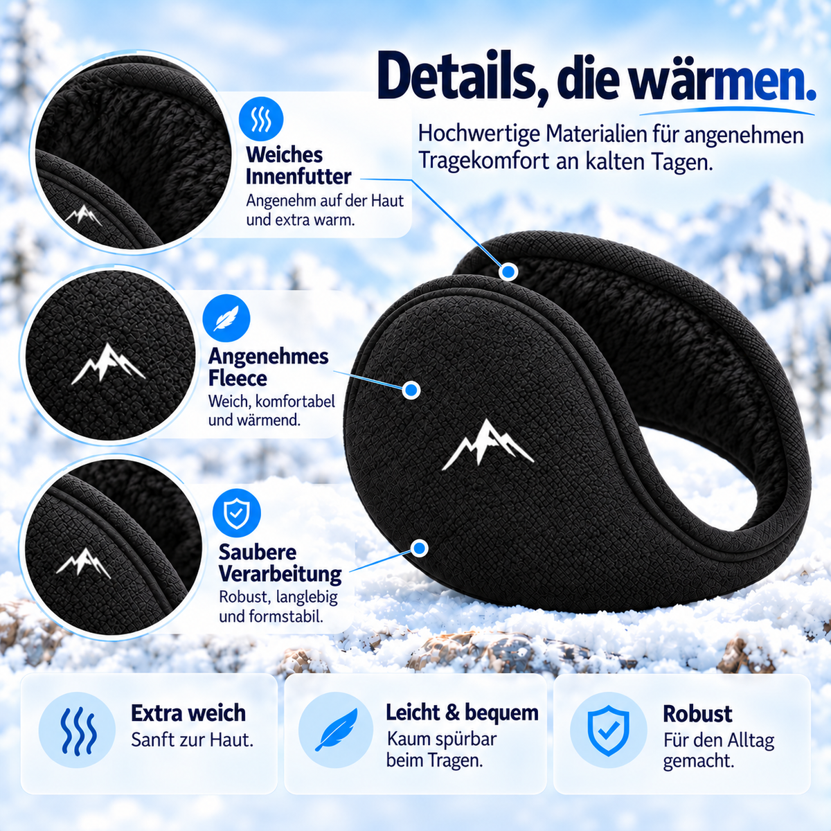 Fleece-Ohrwärmer für den Winter – Unisex - Schwarz