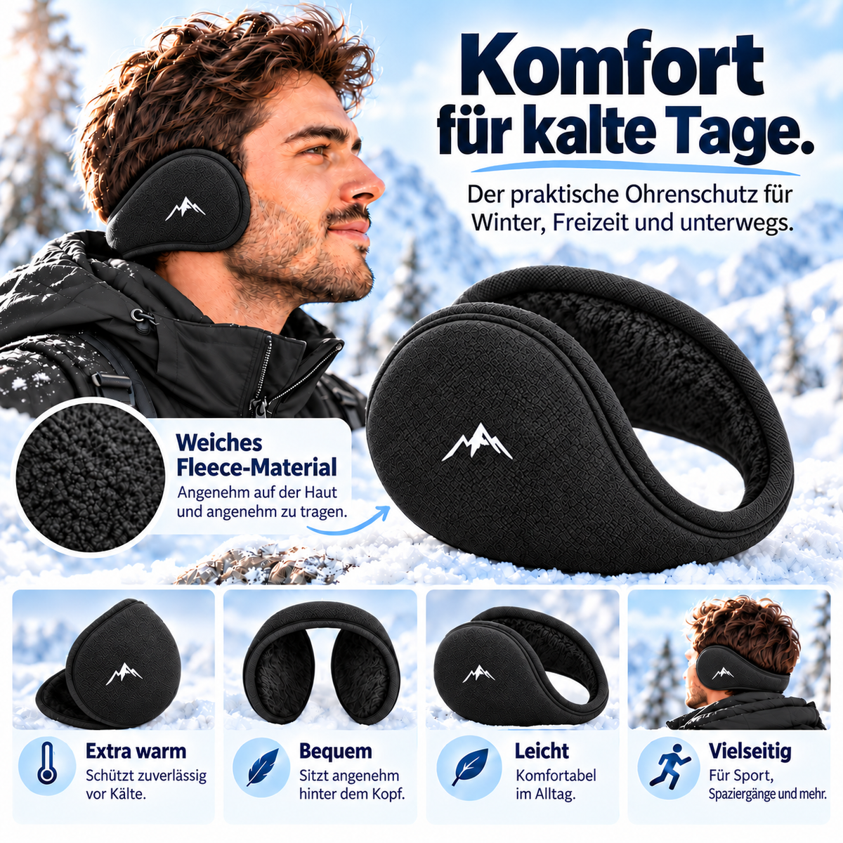 Fleece-Ohrwärmer für den Winter – Unisex - Schwarz