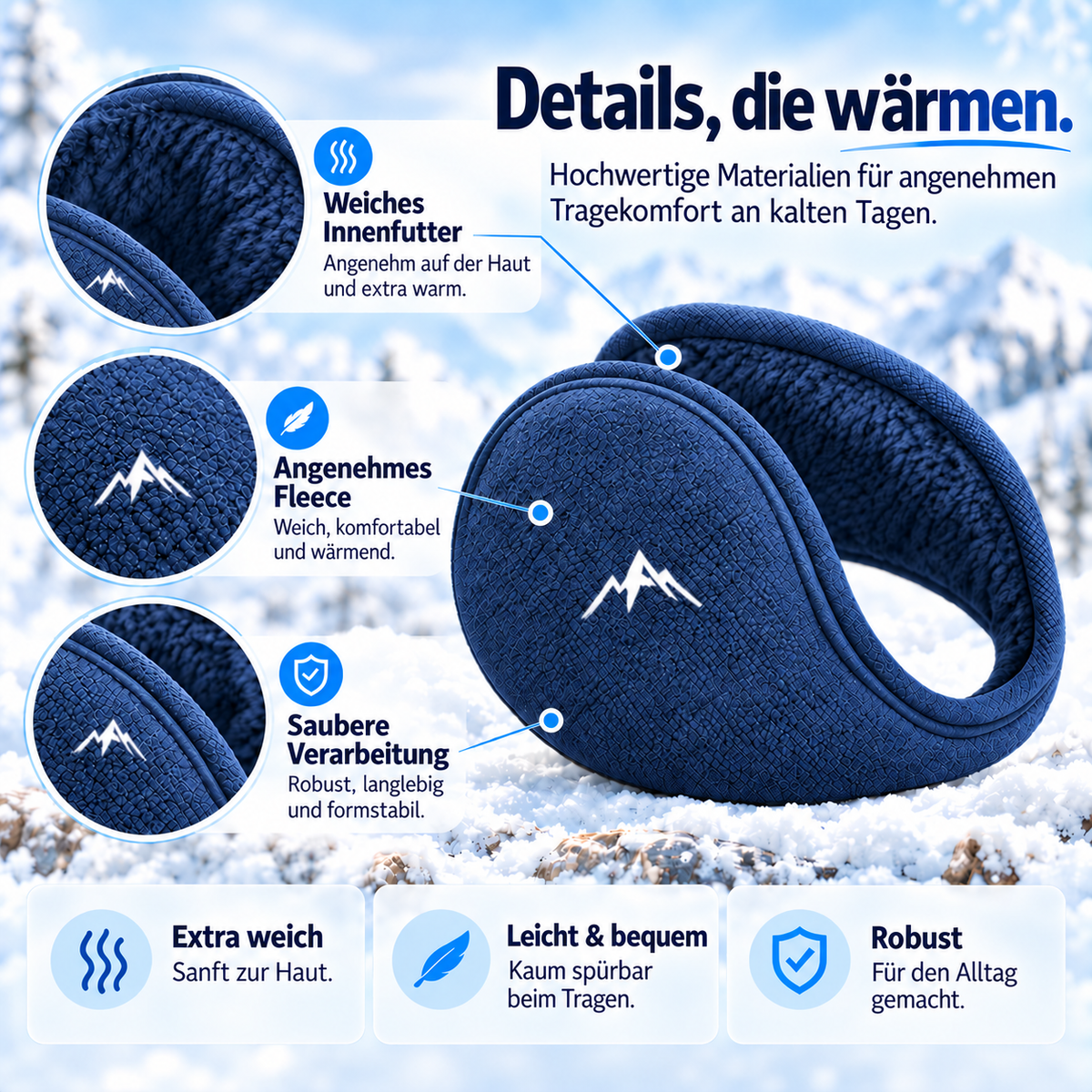 Fleece-Ohrwärmer für den Winter – Unisex – Blau