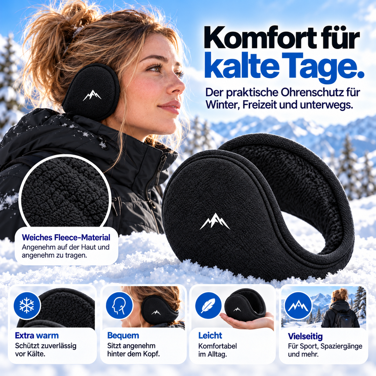 Fleece-Ohrwärmer für den Winter – Damen – Schwarz