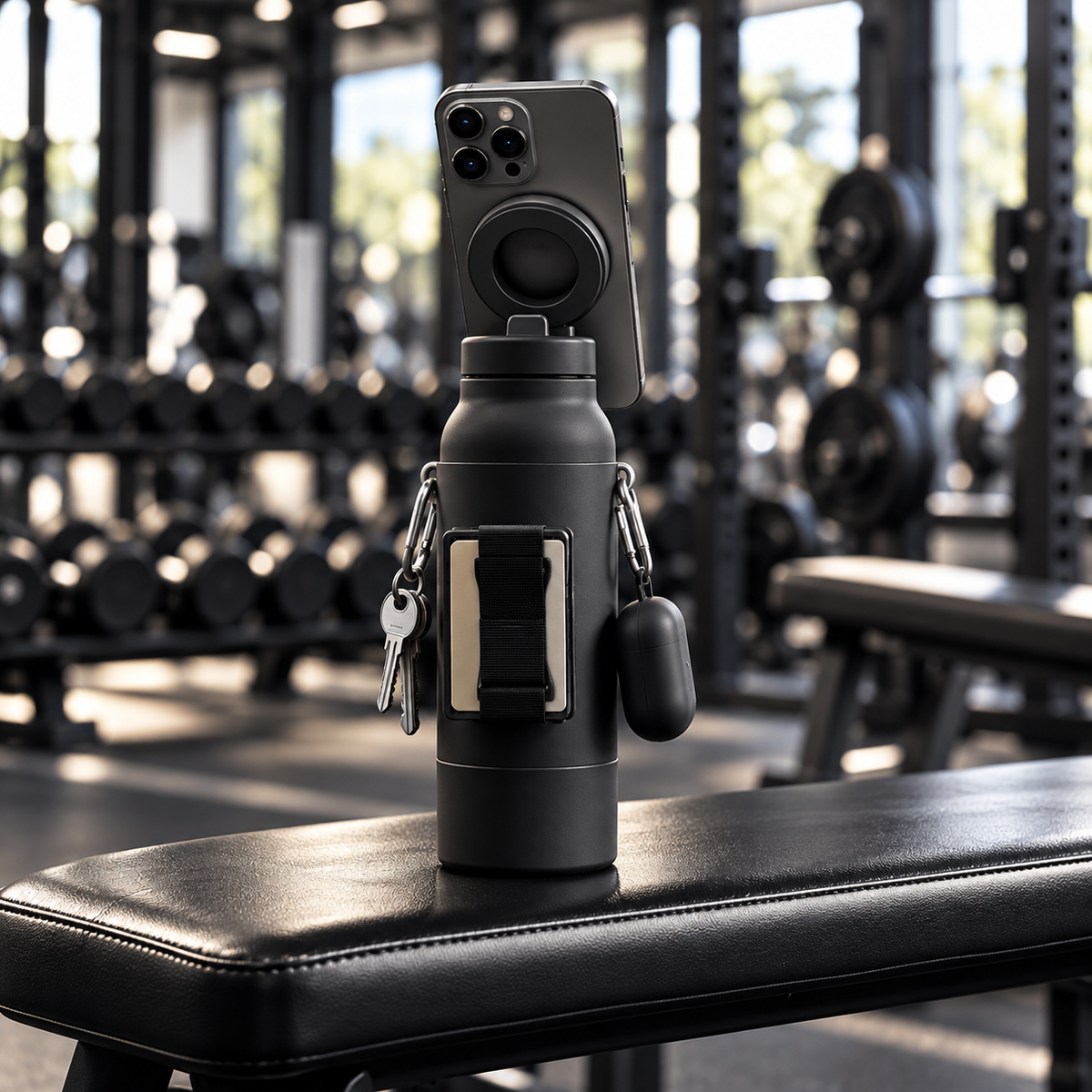Gym-Flasche mit magnetischer Handyhalterung