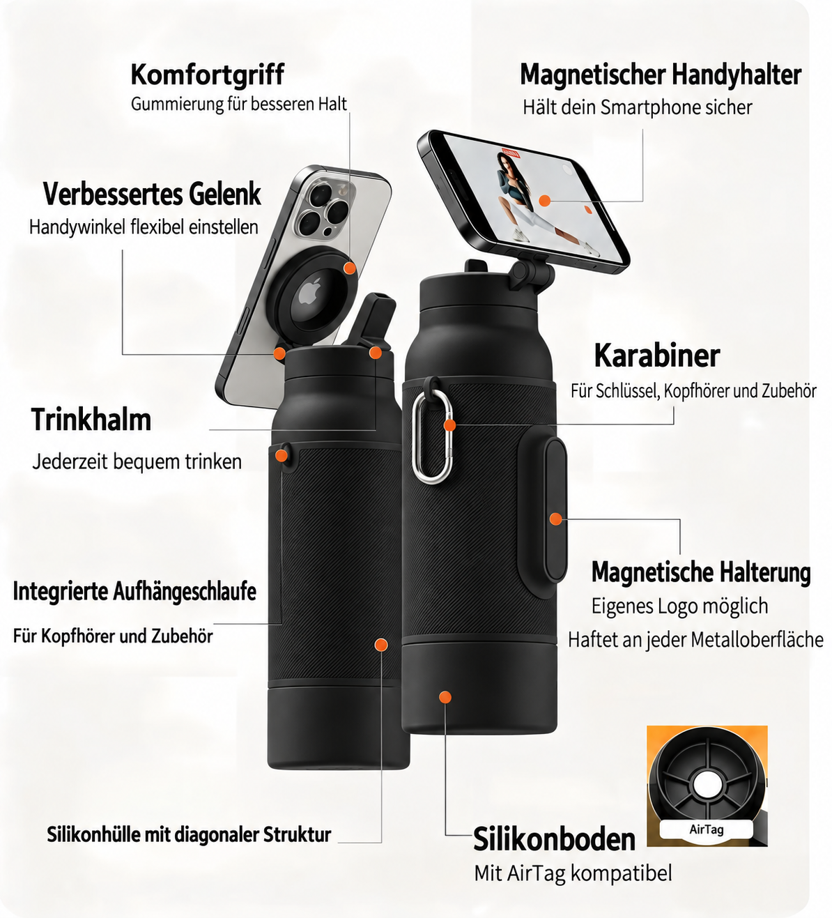 Gym-Trinkflasche in Schwarz mit magnetischer Handyhalterung