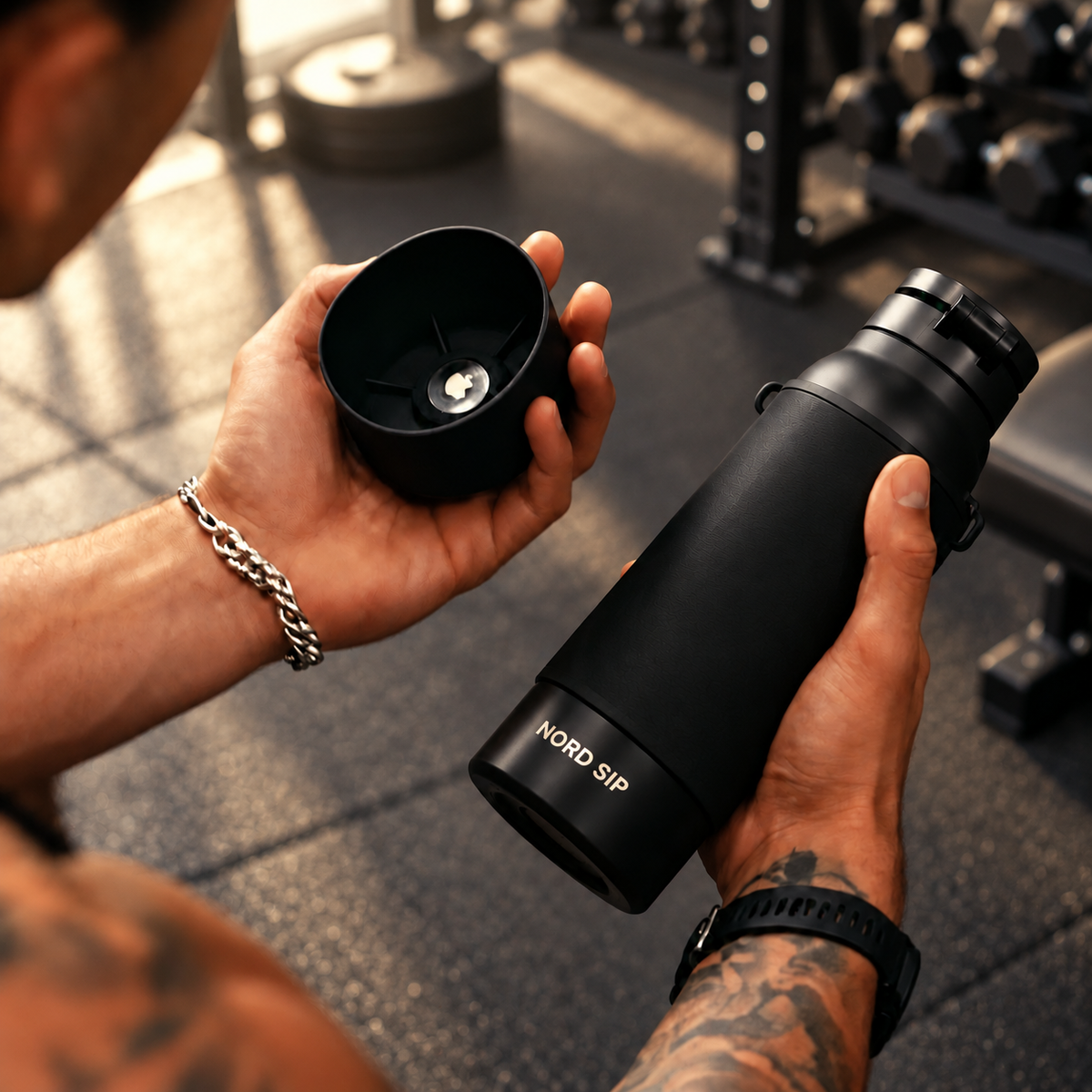 Gym-Trinkflasche in Schwarz mit magnetischer Handyhalterung