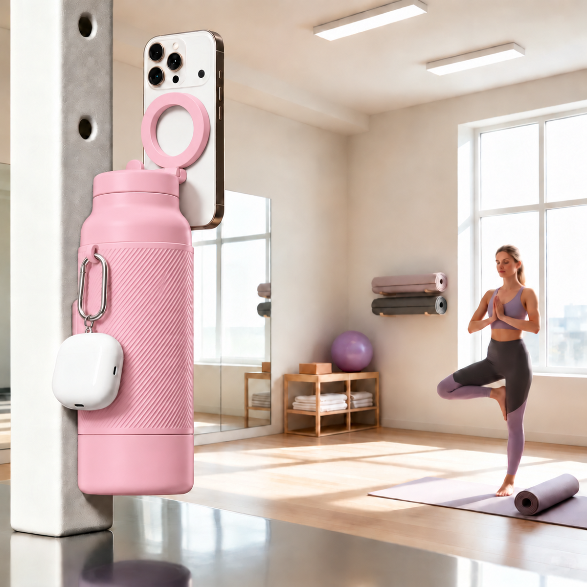Gym-Trinkflasche in Rosa mit magnetischer Handyhalterung