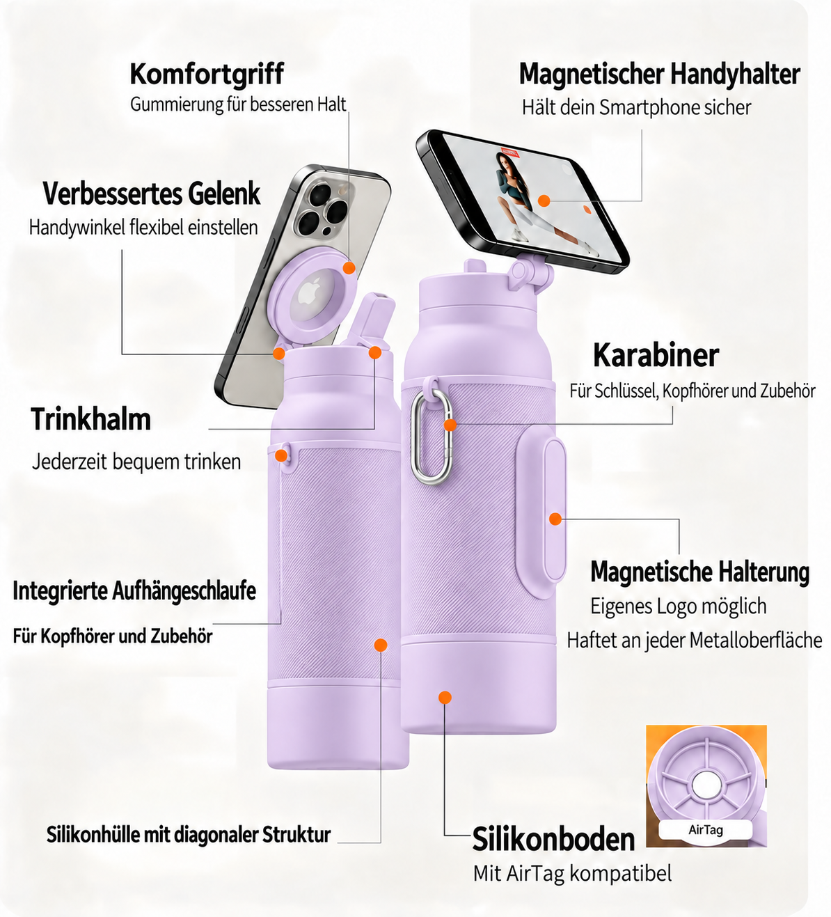 Gym-Flasche mit magnetischer Handyhalterung