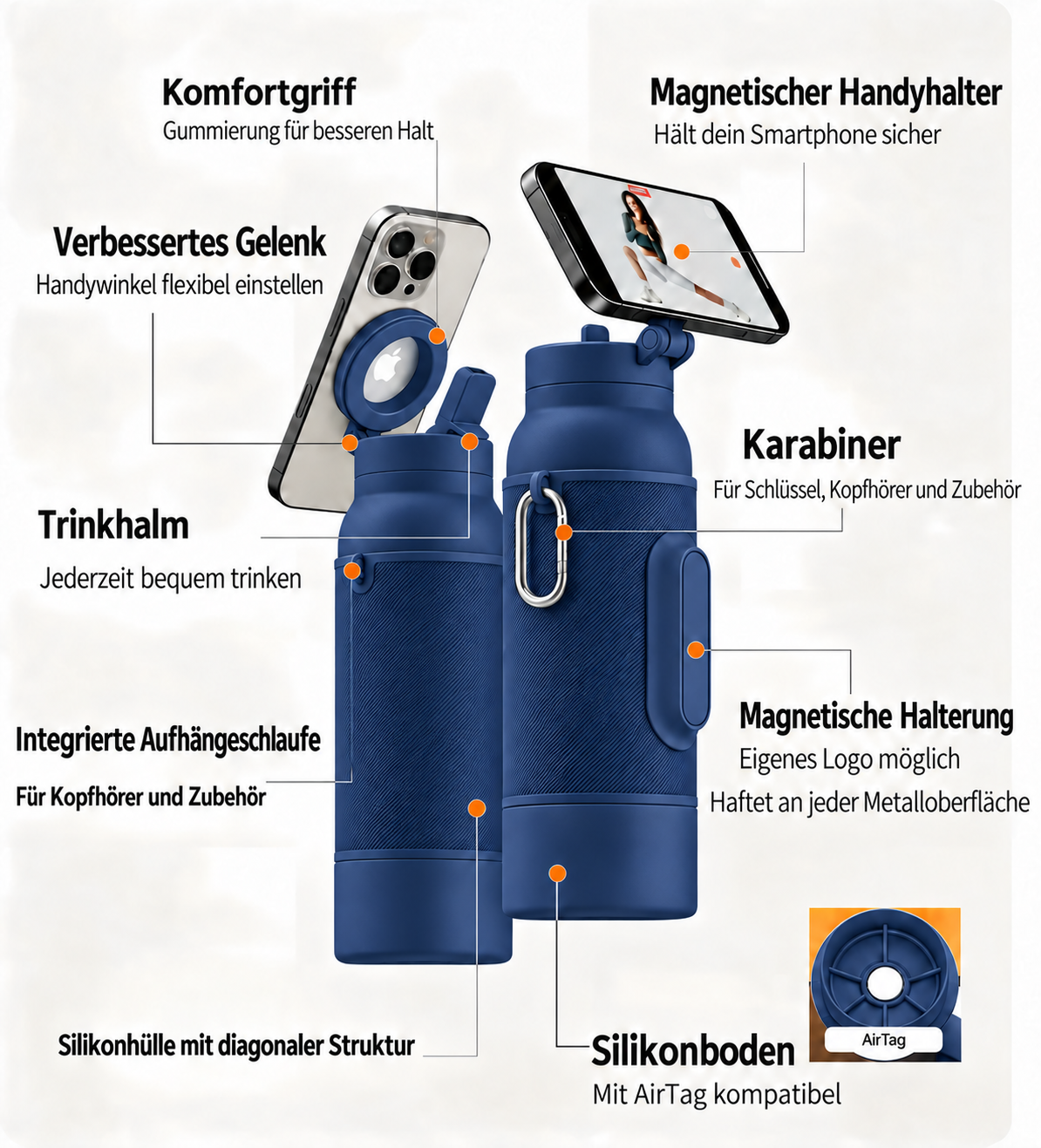Gym-Flasche mit magnetischer Handyhalterung