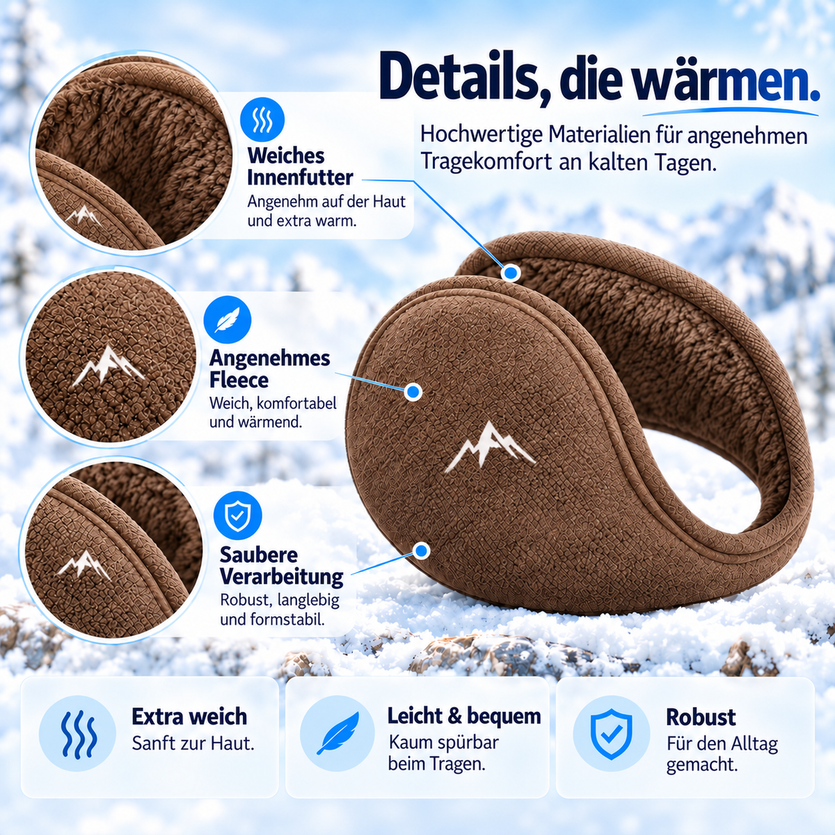 Fleece-Ohrwärmer für den Winter – Unisex – Braun