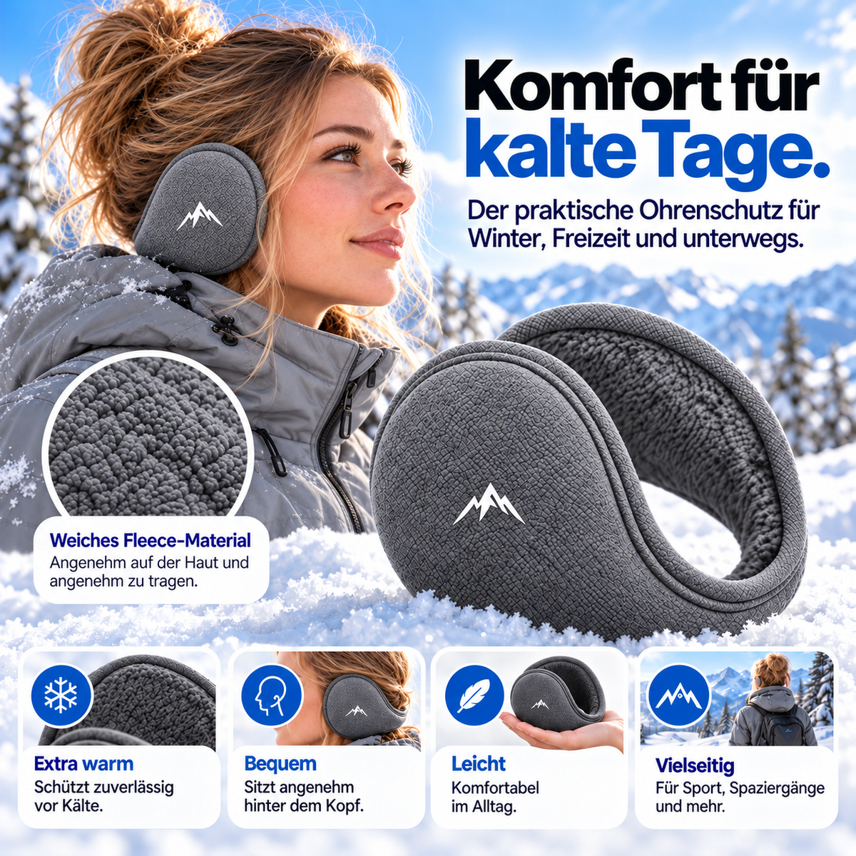 Fleece-Ohrwärmer für den Winter – Damen – Grau