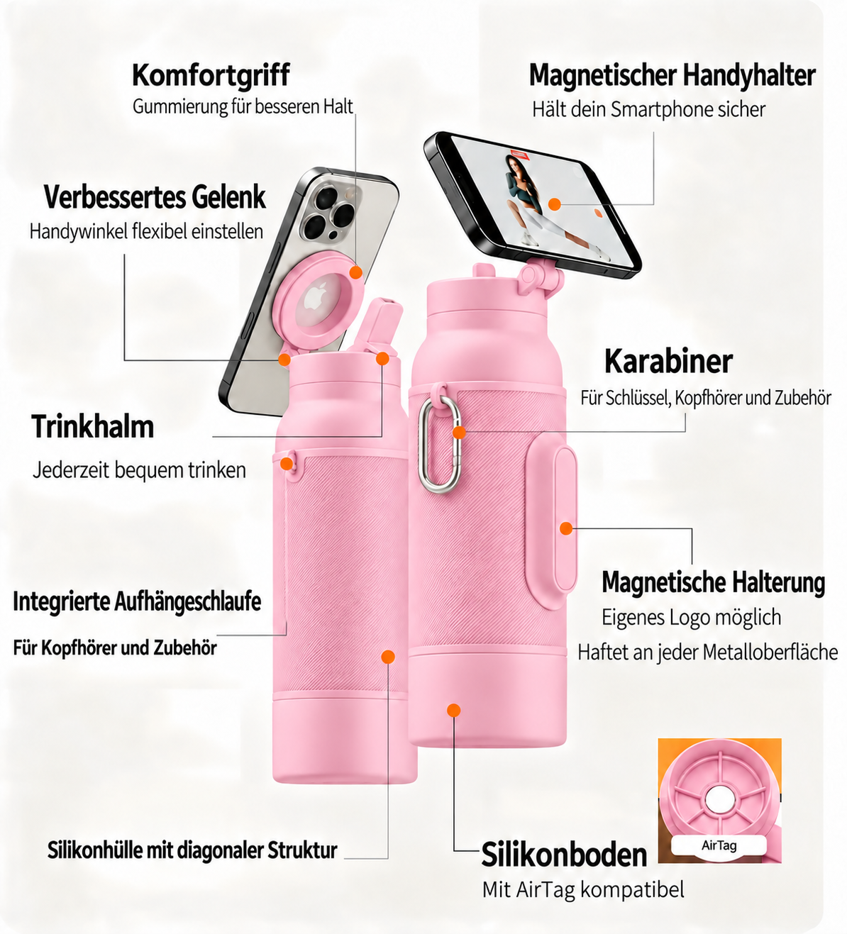 Gym-Flasche in Rosa, Funktionen im Überblick