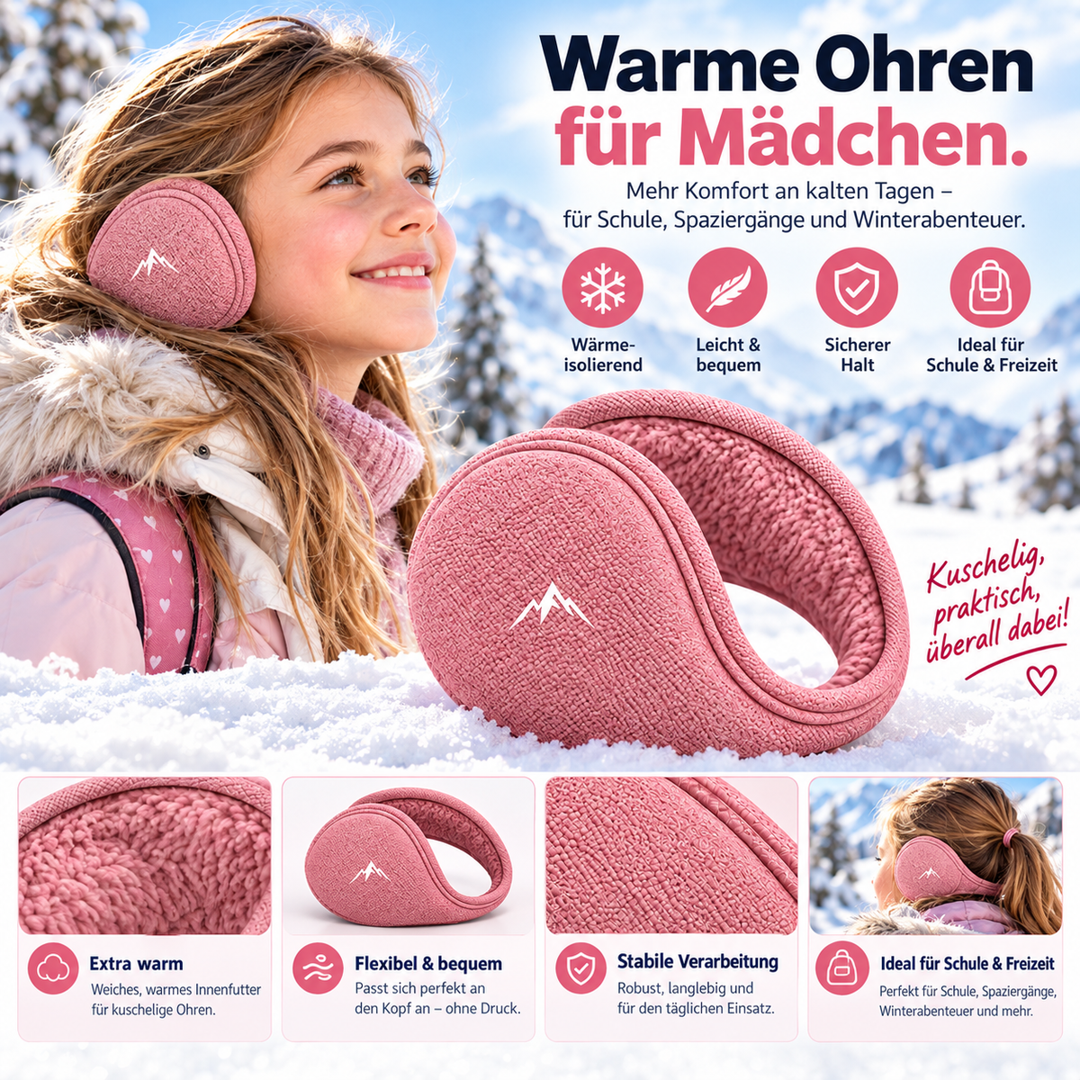 Fleece-Ohrwärmer für den Winter – Mädchen – Rosa