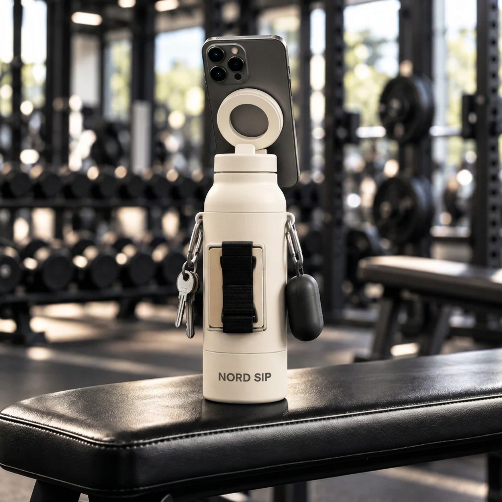 Cremeweiße NORD SIP Gym-Flasche mit Handy auf einer Trainingsbank, korrigierte dunkelgraue Fläche innerhalb des weißen Halterings